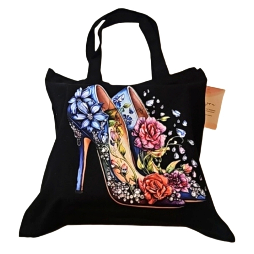 Hand Crafted Reusable Black Canvas Tote Bag 100% Cotton Floral Blue Heels 13x13" - Picture 4 of 17